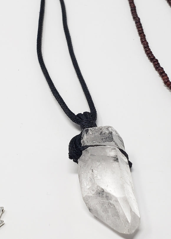 Quartz Crystal Point on Cord - unisex, Natural Necklace - Phiyani Rue
