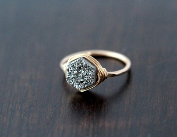 Platinum Druzy Hexagon Ring, Natural Rings - Phiyani Rue