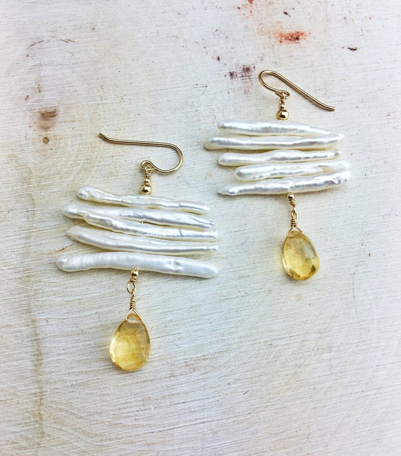 Mother Pearl Earrings - 14K Gold, Natural Earrings - Phiyani Rue