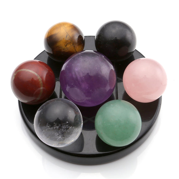 8 Piece Chakra Crystal Sphere Balls with Black Obsidian Stand, Sets - Phiyani Rue