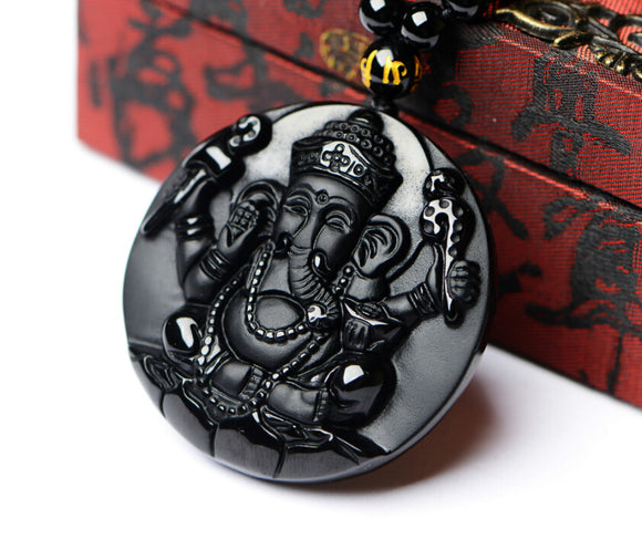 Black Obsidian Carved Ganesh Necklace (Amulet Jewelry), Amulet - Phiyani Rue