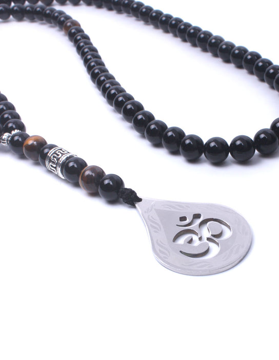 Tiger and Onyx Beaded Necklace w/Stainless Steel OM Pendant for Men, Men's Mala - Phiyani Rue