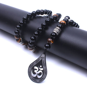 Tiger and Onyx Beaded Necklace w/Stainless Steel OM Pendant for Men, Men's Mala - Phiyani Rue
