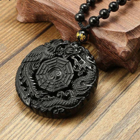 Black Obsidian Stone Carved BaGua w/ Necklace Unisex, Amulet - Phiyani Rue